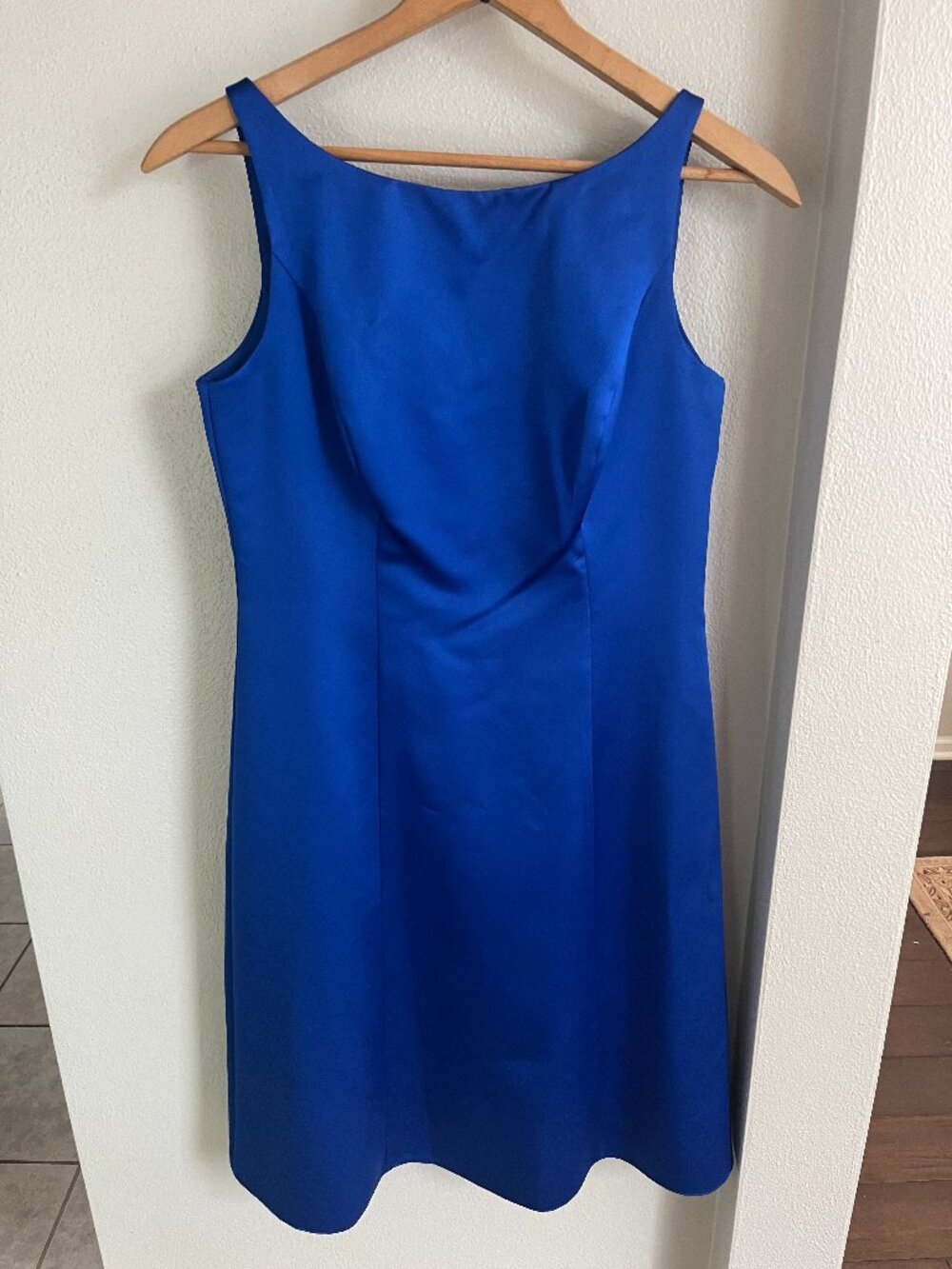 David's Bridal Satin Boat-Neck Midi Bridesmaid Dress in Horizon Blue
